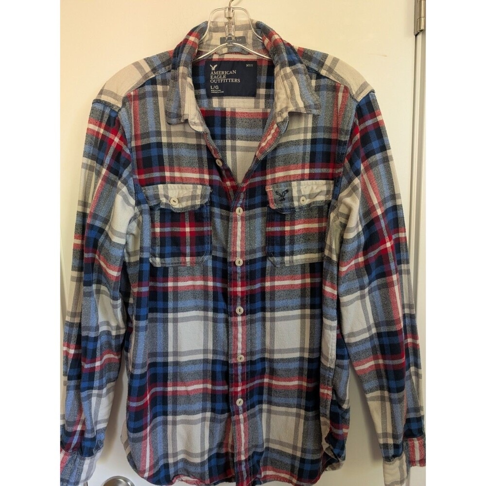 American Eagle Plaid Flannel Athletic Fit Shirt L Blue Red Gorpcore Preppy Beach